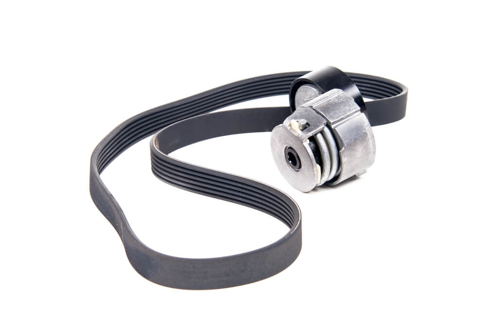 Fanbelt tensioner drive belt isolated on white. - why your SUV squeaks