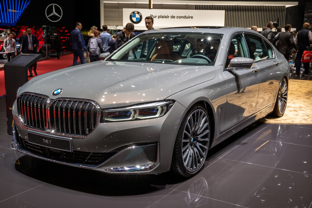 grey BMW 7 Series car showcased at the 89th Geneva International Motor Show.