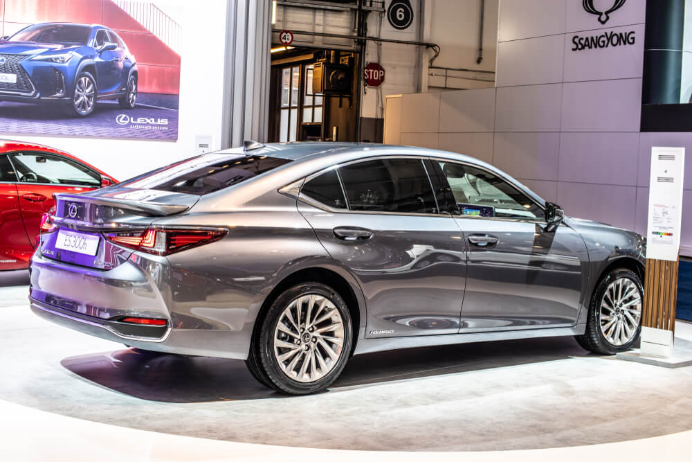 space grey 2020 Lexus ES Hybrid at a car show. 