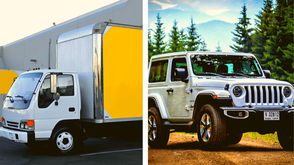 white box truck and white Jeep Wrangler - trucks and jeeps