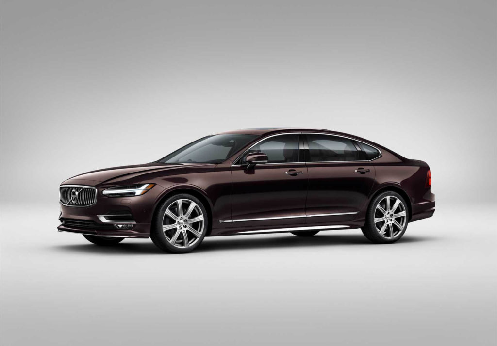 maroon 2020 Volvo S90-T8, isolated with grey background.