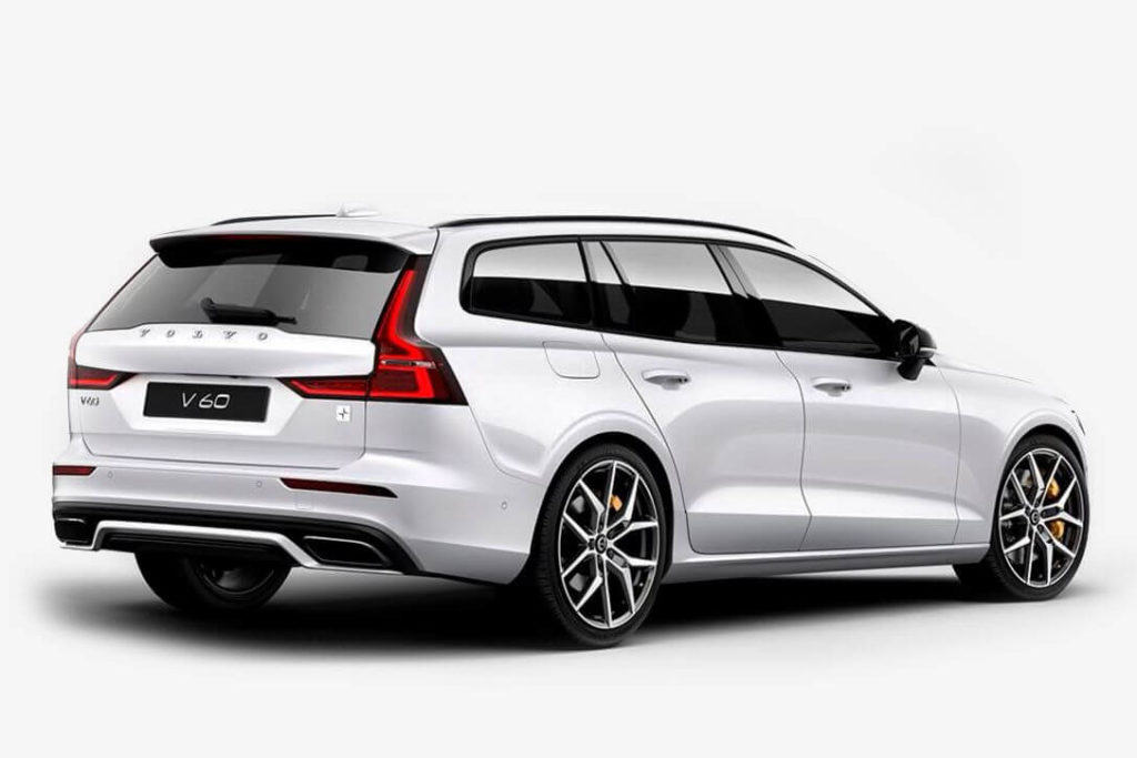 rear side view of a white 2020 Volvo V60 T8, isolated, white background.